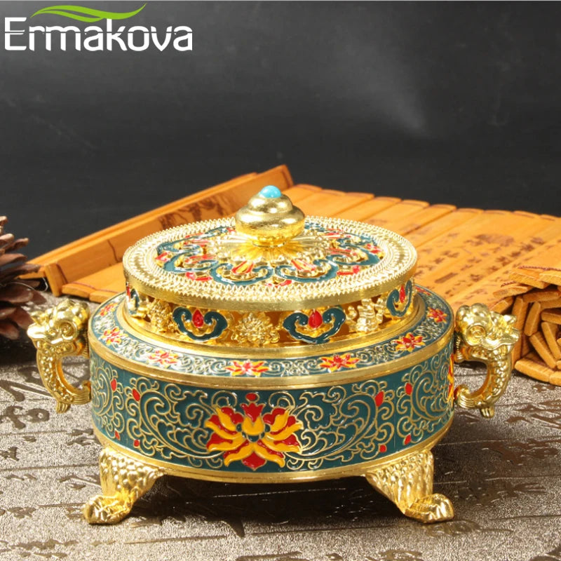 Incense Holders Incense Burner Tibetan Style Painted Enamel Zinc Alloy Coil Incense Holder Home Office Decoration Gift