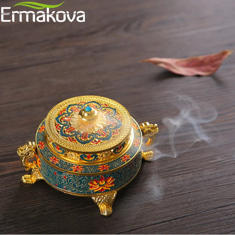 Incense Holders Incense Burner Tibetan Style Painted Enamel Zinc Alloy Coil Incense Holder Home Office Decoration Gift